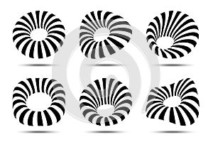 3d circular striped emblem set. Three dimensional stripy distort shapes. Logo design element. Line stripes. Vector