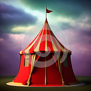 A 3D  of a Circus tent with red colors and the lighting brighten the tent