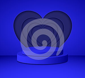 3d Classic blue cylinder podium minimal studio heart wall background. Abstract 3d geometric