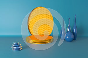 3d in Classic Blue, Mosaic Blue, Saffron colors. Podium against oval cutout, waves backdrop behind. Stones and vases are nearby.