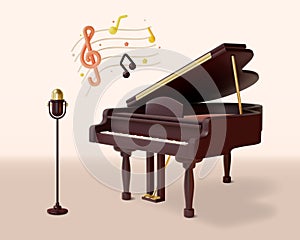 3d Classic Grand Piano and Microphone Cartoon Style. Vector