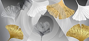 3d classic wallpaper artwork. golden ginkgo leaves and feathers black, white and gray background for bedroom decor