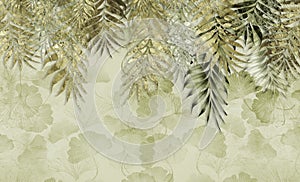3d classic wallpaper. golden branches tree ginkgo biloba leaves mural for interior Bedroom and Living room wall home decor