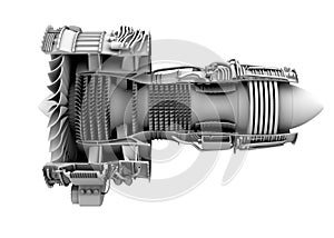 3D clay cutaway render of turbofan jet engine isolated on white background