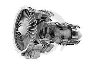 3D clay cutaway render of turbofan jet engine isolated on white background