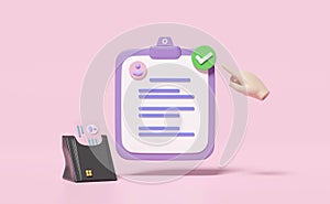 3d clipboard, checklist paper icon with USB smart card reader, Id card, hand pointing checkmark isolated on pink background.