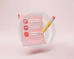 3D clipboard and pencil  on pink background, notepad icon