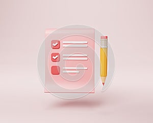 3D clipboard and pencil  on pink background, notepad icon