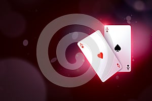 3d close-up rendering of ace of hearts and ace of spades on gradient cherry-purple bokeh background with copy space.