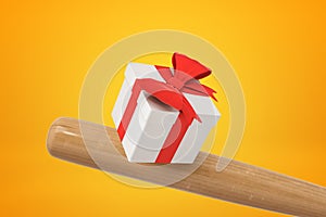 3d close-up rendering of baseball bat hitting white gift box tied with beautiful red ribbon on amber background.