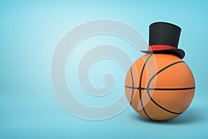 3d close-up rendering of basketball with little black tophat on top on light-blue background.
