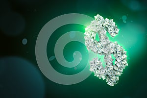 3d close-up rendering of dollar symbol made of a heap of dollar banknotes on green gradient bokeh background with copy