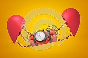 3d close-up rendering of dynamite bundle with timer bomb suspended on chains between two parts of broken heart on yellow