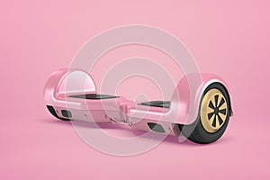 3d close-up rendering of metallic pink gyroscooter standing on pink background.