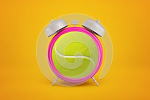 3d close-up rendering of a pink alarm clock with tennis ball instead of the clockface on amber background.