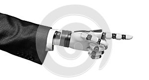 3d close-up rendering of robot hand in suit pointing forward with its index finger isolated on white background.