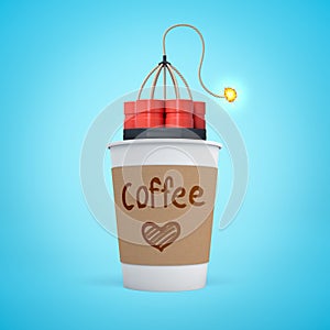 3d close-up rendering of single-use coffee cup with lit bundle of dynamite inside on light blue background.