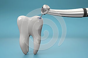 3D close up view of dental drill and white tooth model in action