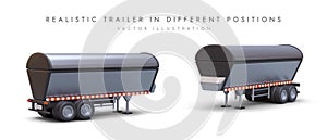 3D closed black semitrailer in different positions. Parked trailer for grain transportation