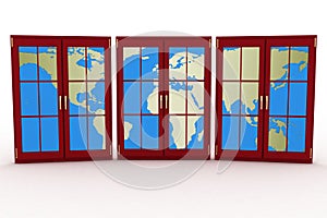 3d closed plastic windows wiht map of world