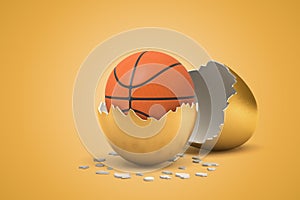 3d closeup rendering of basketball that just hatched out from golden egg.