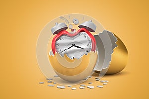 3d closeup rendering of broken and bent red alarm clock that just hatched out from golden egg.