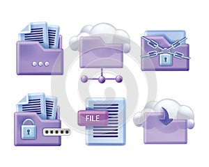 3D cloud folder icon set, data safe storage backup service, office online document file kit.