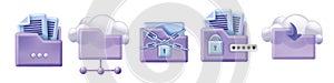 3D cloud folder icon set, office online document file kit, data safe storage backup service.