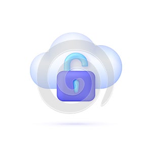 3D Cloud Protection icon. Safe online storage. Cloud security concept. Opened padlock. Data storage. Technology concept.