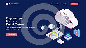 3D cloud server connected with infographic element like as pie chart, bar graph and chip for Empower Your Business Fast.