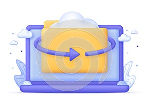 3D Cloud storage on Computer. Digital file organization service or app with data transferring