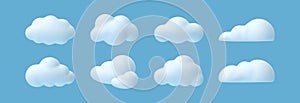 3d cloud. White cartoon fluffy clouds in bubble shape in blue sky, summer rounded cumulus icons. Weather forecast