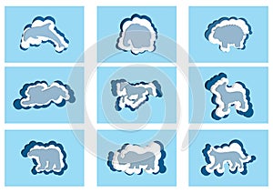 3D clouds in the form of a animals. Vector icons cloud blue and white color on a blue background.