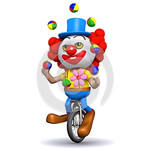 3d Clown juggles on a unicycle