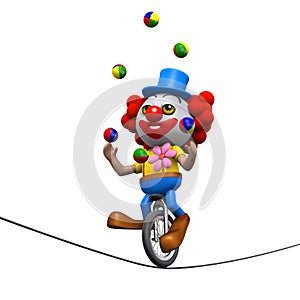 3d Clown juggles on a unicycle on a highwire