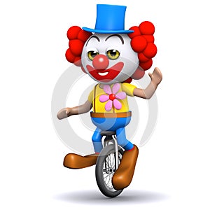 3d Clown on a unicycle waving