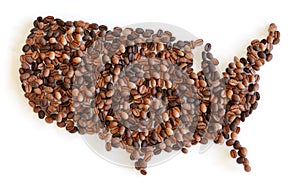 3D Coffee Beans Shaped Like USA Country Map Isolated on Whtie Background