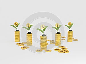 3D of coin stack with growing money tree. Financial growth concept