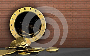 3d coins over red bricks