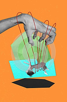 3d collage illustration abstract image of young hanging lady tied in problems powerless marionette isolated on orange