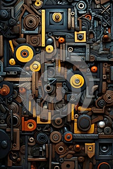 3D collage with plastic cogs and levers