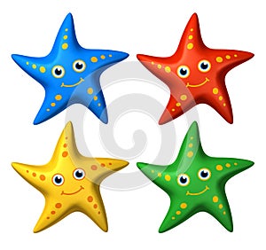 3D collection of colorful smiling starfish toys looking ahead