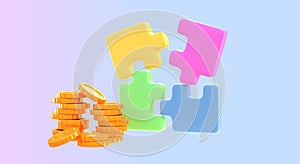 3D Color jigsaw puzzle pieces with stack golden coins on gradient background. Concept of financial management and