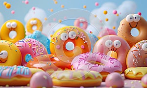 3d colorful donuts with eyes for National Donut Day.. Horizontal layout