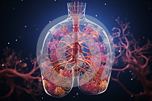 3D colorful illustration of human lungs on dark blue background. Human respiratory system anatomy, bronchia, pleura