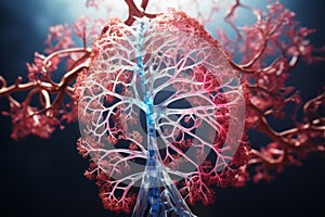 3D colorful illustration of human lungs on dark blue background. Human respiratory system anatomy, bronchia, pleura