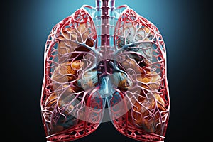 3D colorful illustration of human lungs on dark blue background. Human respiratory system anatomy, bronchia, pleura