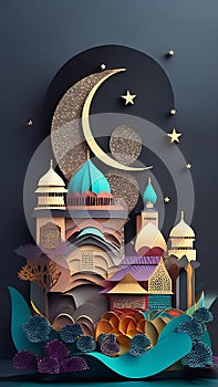 3D colorful illustration mosque with a crescent moon and stars in the night sky, Eid Mubarak greeting card design on a black