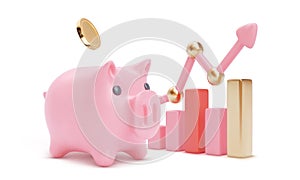 3d colour growing bars with large piggy bank and arrow. Piglet and coins. Money saving or accumulating, Financial services,