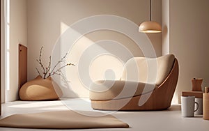 3D. Colourful the living room in soothing warm colours and beige tones
